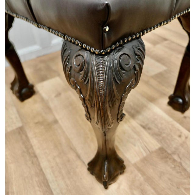 19th Century Chesterfield Carved Walnut Leather Library Stool, 1880s For Sale - Image 4 of 11