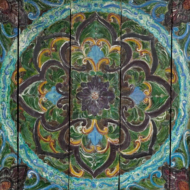 Teal Antique Indian Carved and Painted Wall Hanging For Sale - Image 8 of 14