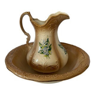 Rs Prussia Antique Lily of the Valley Porcelain Pitcher & Basin Set With Gilt Embossing For Sale
