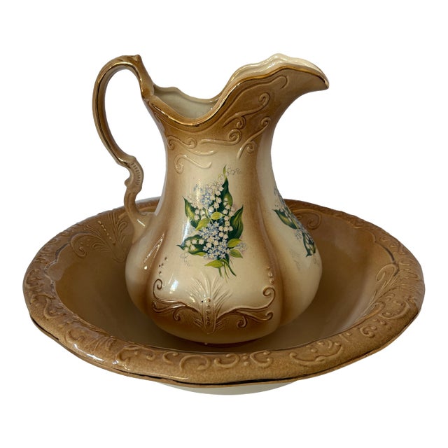 Rs Prussia Antique Lily of the Valley Porcelain Pitcher & Basin Set With Gilt Embossing For Sale