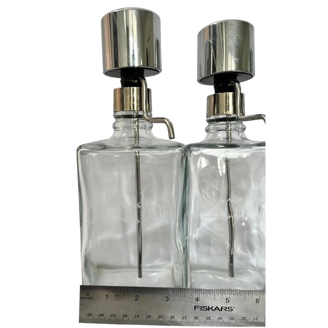 Vintage Mid-Century Etched Glass & Chrome Liquor Dispenser Bar Bottles — Set of 6 For Sale - Image 12 of 13