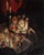 This still life composition features a dramatic arrangement of objects, including a skull, candles, and various glassware,...