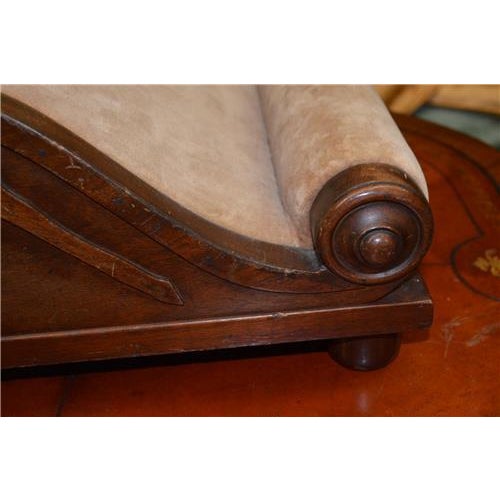 Victorian Antique Victorian Dark Wood & Tan Velvet Shapely Scrolled Gout Footstool For Sale - Image 3 of 11
