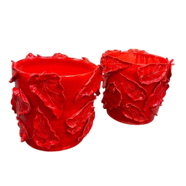 Vibrant Italian Red Majolica Leaf-Appliqué Planters For Sale - Image 4 of 12
