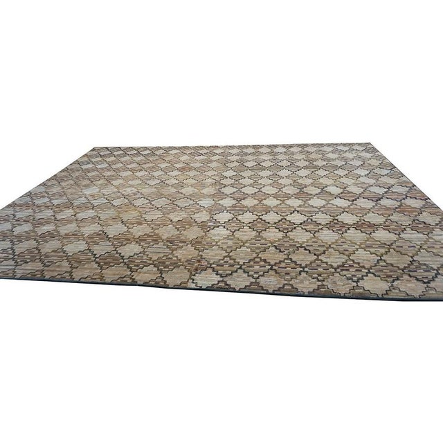 American 1900s Antique American Brown Room Size Geometric Lattice Folk Art Hooked Rug For Sale - Image 3 of 9