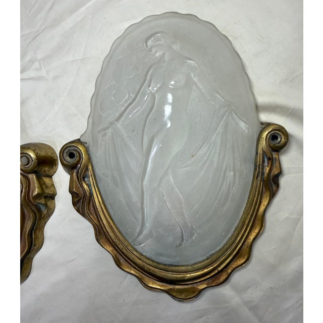 Muller Frères Antique Muller Freres Luniville Nymphs Bronze Glass Wall Sconces Fixtures - a Pair For Sale - Image 4 of 13