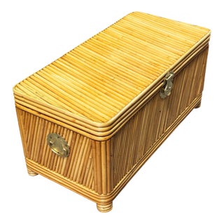 Restored Mid-Century Split Reed Rattan & Pine Trunk W/ Brass Paktong Latch For Sale