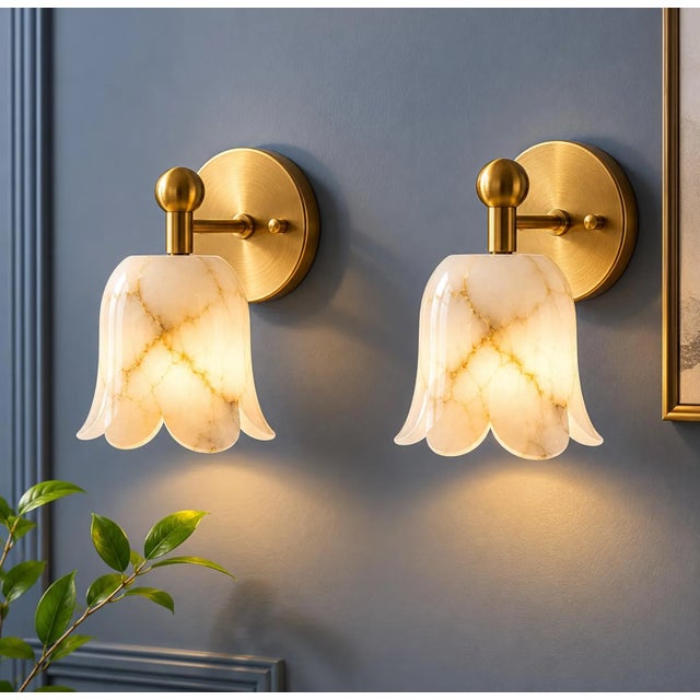 Brass Alabaster Flower Wall Sconces, Brass Ruffle Alabaster Flower Shade, Wall Sconce Marble Wall Light Pair of 2 For Sale - Image 4 of 11