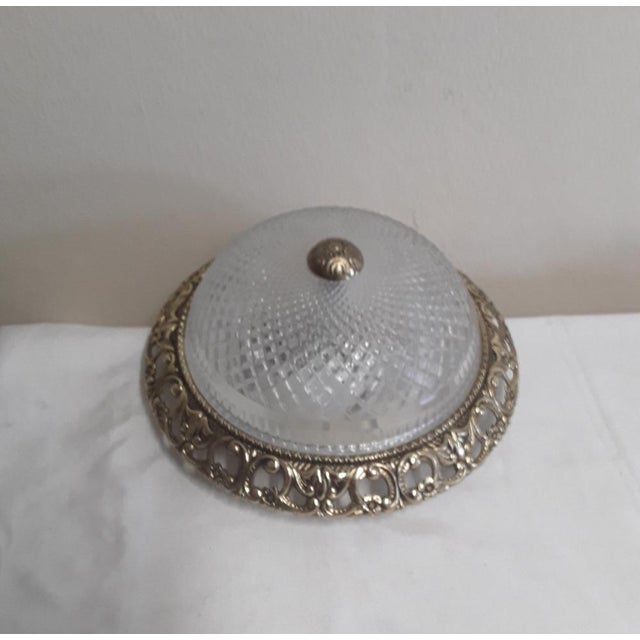 Vintage Flat Ceiling Lamp with Relief Glass Bowl on Gold-Colored Metal Mount, 1980s For Sale - Image 4 of 7