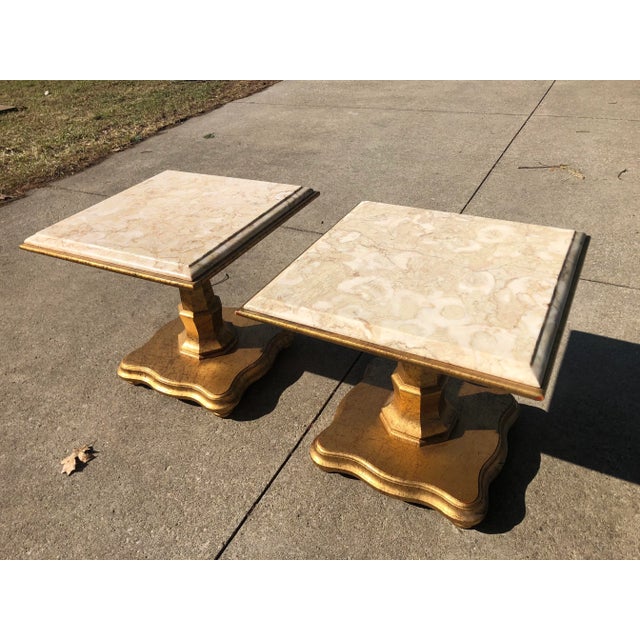 Mid Century Hollywood Regency Gold Marble Top Tables - a Pair For Sale - Image 11 of 11
