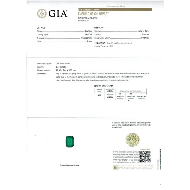 GIA Certified 3.41 Carat Cushion Cut Colombian Emerald & Diamond Ring 18K Y Gold For Sale - Image 17 of 18