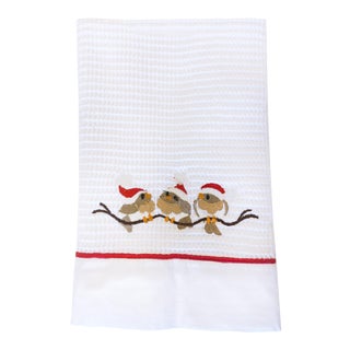 Christmas Birds on Branch Guest Towel, Embroidered, Waffle Weave and Satin Trim For Sale