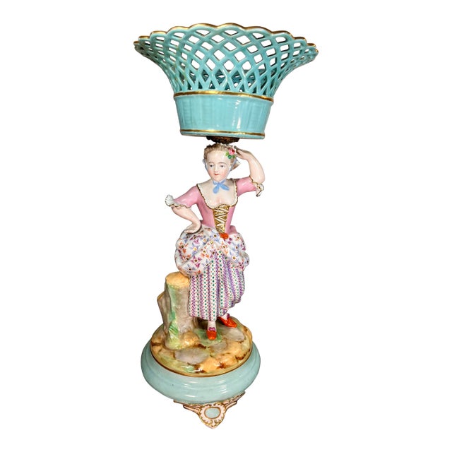 Antique Continental Porcelain Figurine With Reticulated Basket For Sale