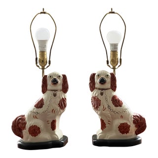 Mid 20th Century Staffordshire Ceramic Spaniel Lamps - a Pair For Sale