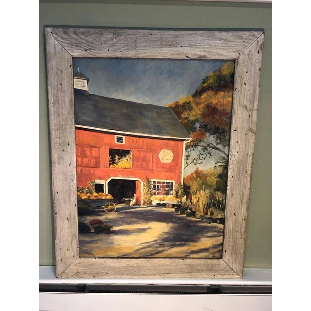 1977 oil on canvas of Autumn Barn landscape by J. Preece. Bucolic country farm scene with traditional red barn nursery....