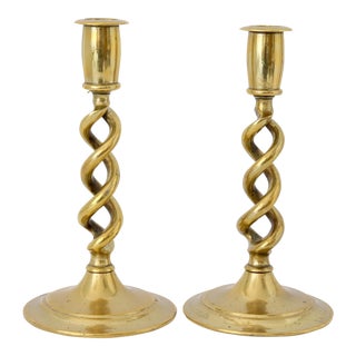 English Brass Short Twist Candlesticks For Sale