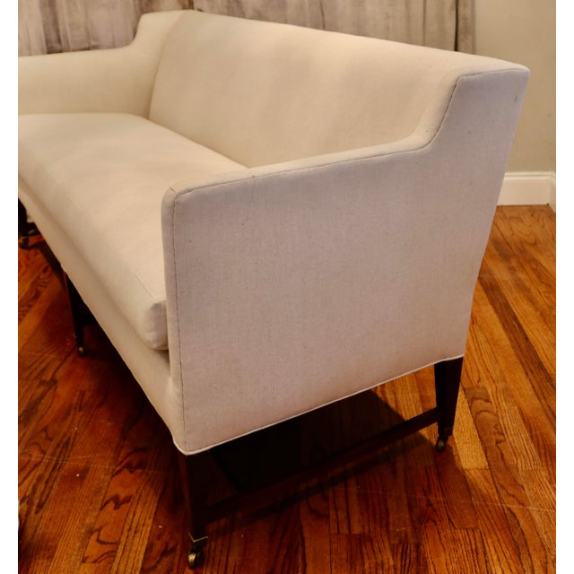 French Sofa Re-Upholstered in Belgian Linen With Solid Brass Casters Attributed to Hickory Chair Furniture For Sale - Image 3 of 4