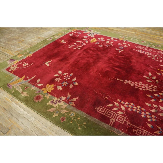 Art Deco 1920s Red Rust Field Floral Greek Key Antique Chinese Art Deco Wool Rug 8' X9'6" For Sale - Image 3 of 9