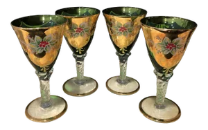 Vintage Italian Cordial Green & Gold Bohemian Goblets- Set of 4