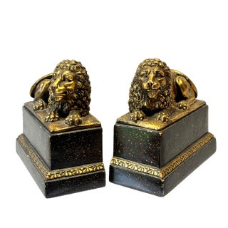 Vintage 1960’s Borghese Gilded Faux Marble Lion Bookends- a Pair For Sale
