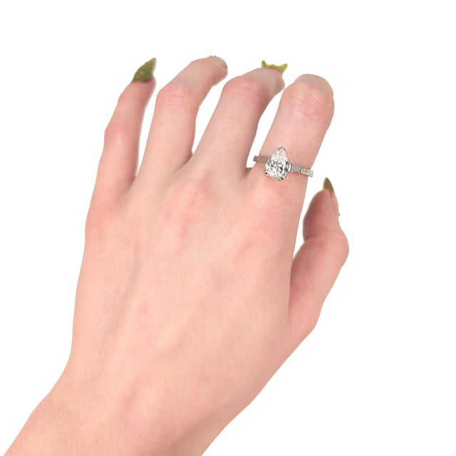 Vintage Platinum & Pear Cut 1.80 Ctw. Natural Diamond Engagement Ring For Sale - Image 4 of 13
