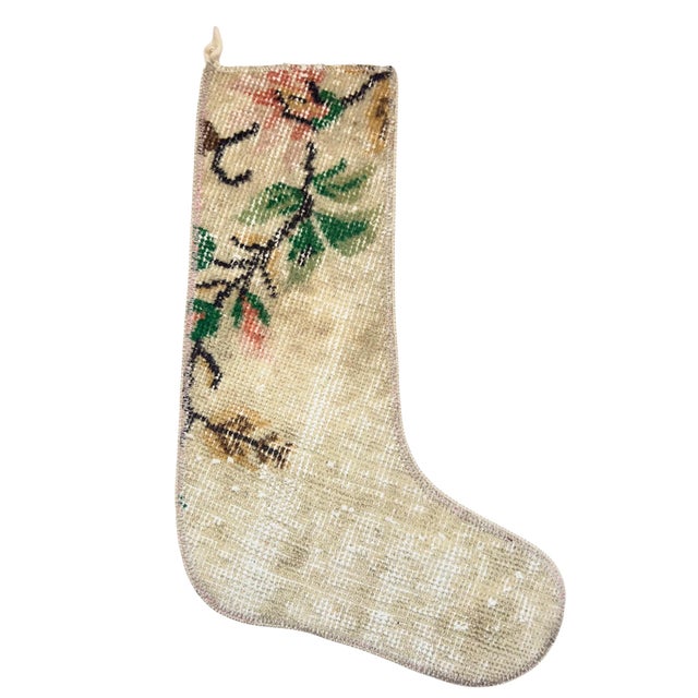 Botanical Branch Vintage Kilim Christmas Stocking, Cream Wool With Floral Motif, 12.2 X 17.7 in – One of a Kind Decor For Sale - Image 6 of 6