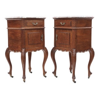 Antique Oak Marble-Top Bedside Tables, 1890s, Set of 2 For Sale
