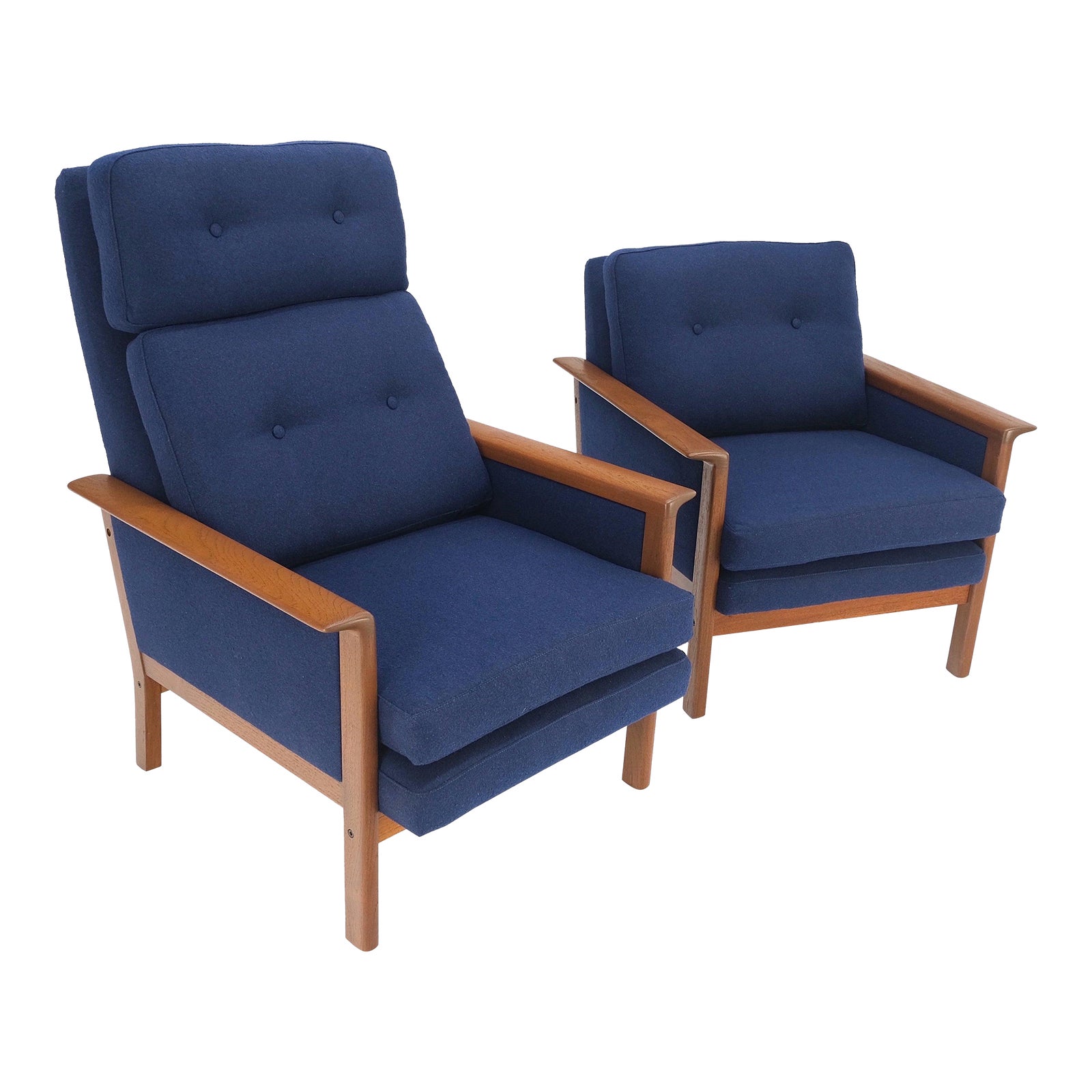 Danish MidCentury Modern Teak Frames New Wool Upholstery Lounge Chairs