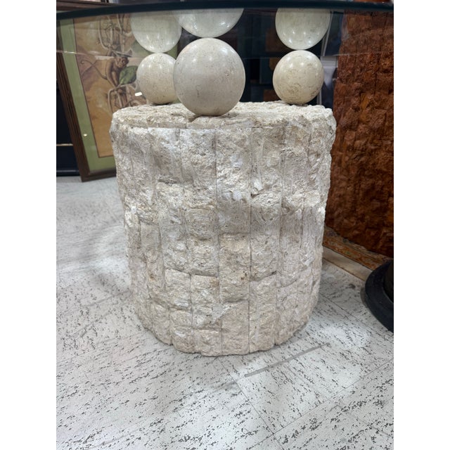 Vintage 1980s Postmodern Mactan Fossil Stone Round Side Table With Glass Top For Sale - Image 4 of 4