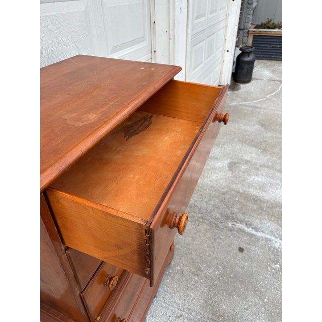 Brown Colonial Revival Chest of Drawers | Vintage Early American Style Solid Wood Dresser | Farmhouse Traditional Bedroom Storage | Wood High Boy For Sale - Image 8 of 12