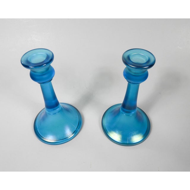 Mid 20th Century Vintage Iridescent Blue Glass Candlesticks - A Pair For Sale - Image 5 of 5