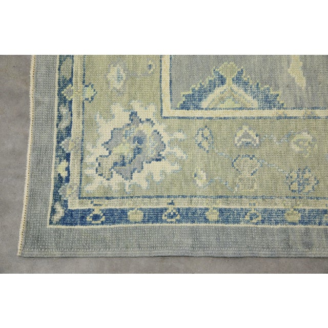 Modern Early 21st Century Blue & Green Floral Design Handwoven Wool Turkish Oushak Rug 4'1" X 5'10" For Sale - Image 3 of 7