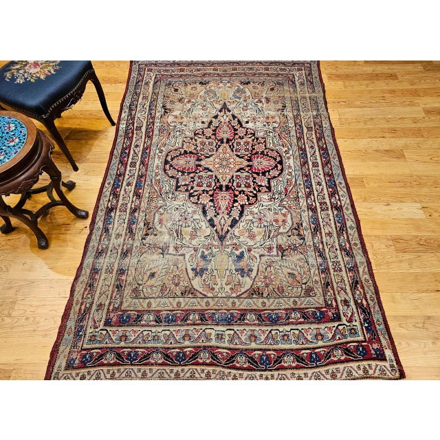 Cream 19th Century Persian Kerman Lavar Rug, Hand-Knotted Wool, Floral Pattern, Ivory & Red, 5x8 For Sale - Image 8 of 18