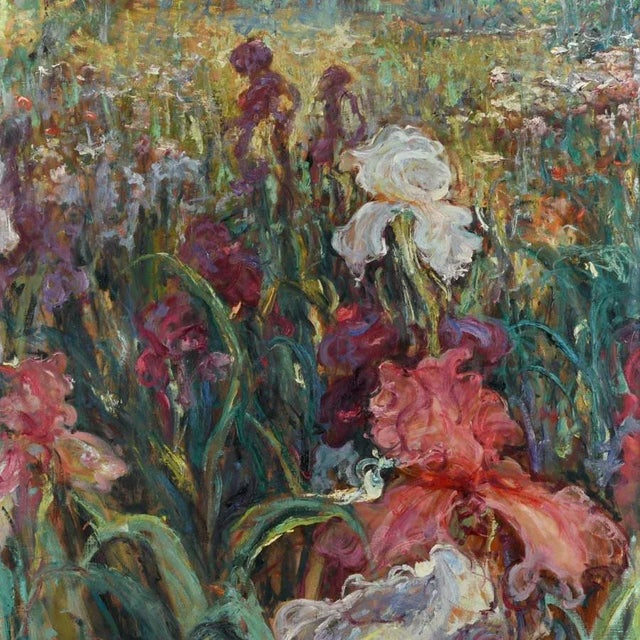 Bursting with texture and vibrant color, Iris Fantasy is a framed and signed oil on canvas that captures the untamed...