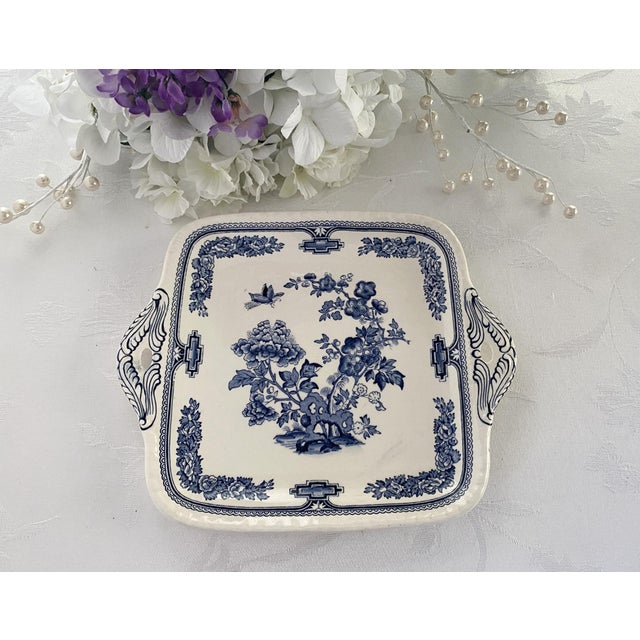 1930s 1930's Mason's Ironstone Cake Plate/Tray, Chinoiserie Pattern, Manchu Blue- Square, Tab Handles For Sale - Image 5 of 14