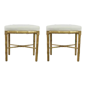 Pair of Vintage 20th-Century Regency-Style Wooden Stools With Gold Leaf Faux Bamboo Legs