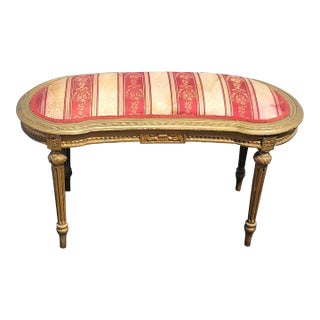 Vintage French Provincial Louis XVI Red & Gold Ornate Stripped Bench For Sale