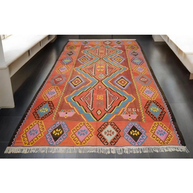 1980s 1980s Vintage Handwoven Turkish Kilim Rug Large Living Room Decor- 6′10″ X 12′8″ For Sale - Image 5 of 14