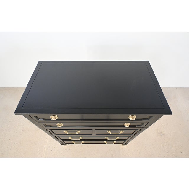 French Louis XVI Style Black Lacquered Highboy With Brass Hardware | Newly Refinished For Sale - Image 13 of 18