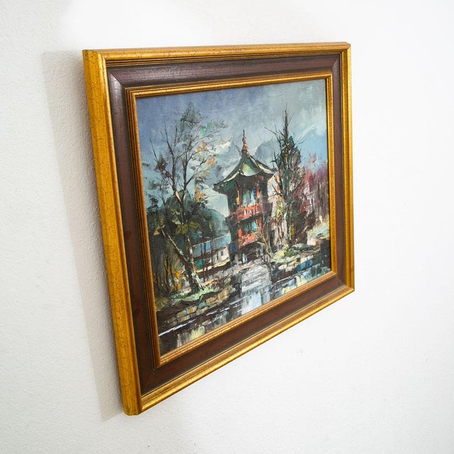 1960s Mid Century Modern Oil Painting Original Art Landscape Tower Home Signed Asian For Sale - Image 5 of 12