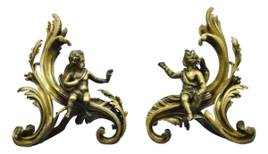 Antique French Rococo Louis XV Bronze Cherub Putti Andiron Chenets - a Pair