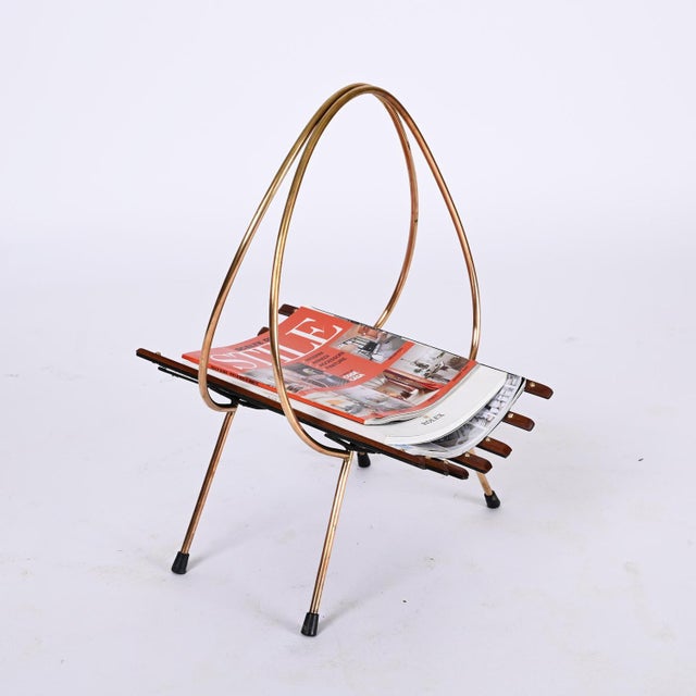 Mid-Century Italian Enameled Metal, Teak and Brass Magazine Rack, 1960s For Sale - Image 13 of 16