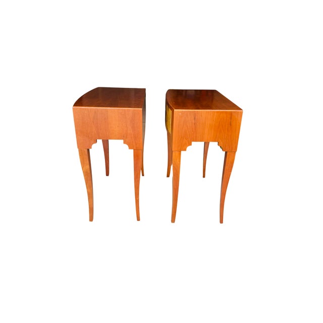 Vintage Baker Furniture French Regency Side Tables, Pair | Mid-Century Cherry Demilune Nightstands With Gilt Reeded Drawers For Sale - Image 6 of 15