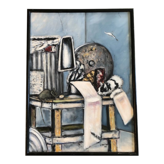 Original Vintage Still Life Interior Cat & Mouse Painting Signed For Sale