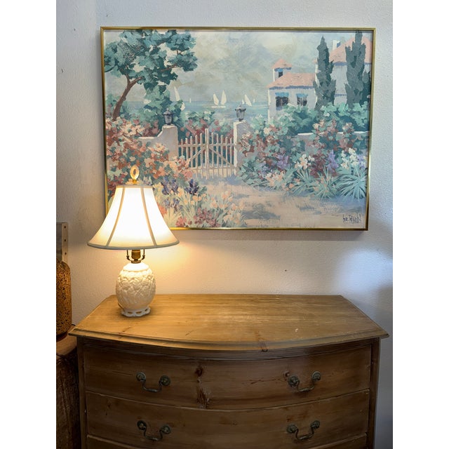 Large original Painting on canvas sea side cottage by Lee Reynolds 46 1/4 x 34 1/4 Original gold metal frame. This is not...