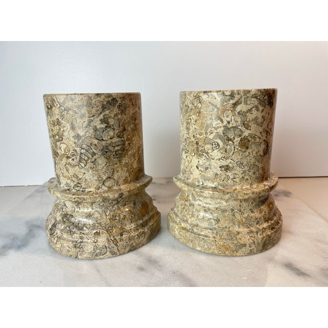 1980s Postmodern Fossil Stone Column Bookends Sculptural Natural Stone Pair For Sale In Seattle - Image 6 of 11