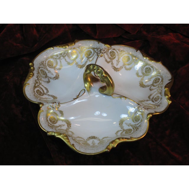 1900 - 1909 1900s Handled Serving Dish by JPL Pouyat Limoges, Hand-Painted Gold Porcelain For Sale - Image 5 of 12