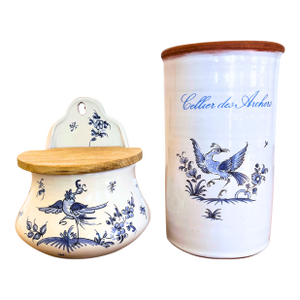 Set of 2 Hand Painted French Moustiers Faience Wall Salt Pot and Kitchen Utensils Pot, Circa 1930