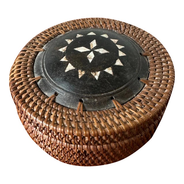 Indonesian Lombok Style Lidded Basket/Box With Mother of Pearl Inlay For Sale