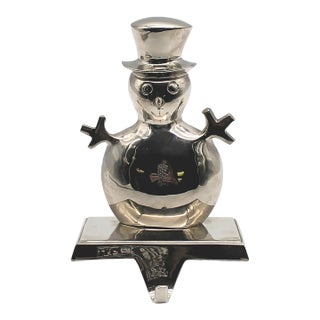 Heavy Vintage Silver-Tone Snowman Stocking Holder For Sale